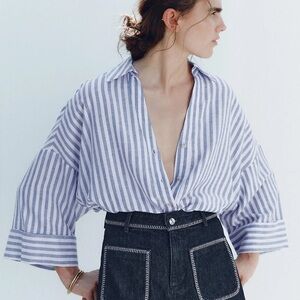 NWT Zara Lavender and White Striped Blouse Size Large